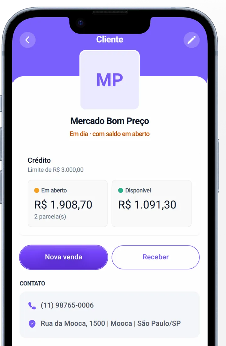Ficha de cliente no Ruveo com limite de crédito, valor em aberto e saldo disponível