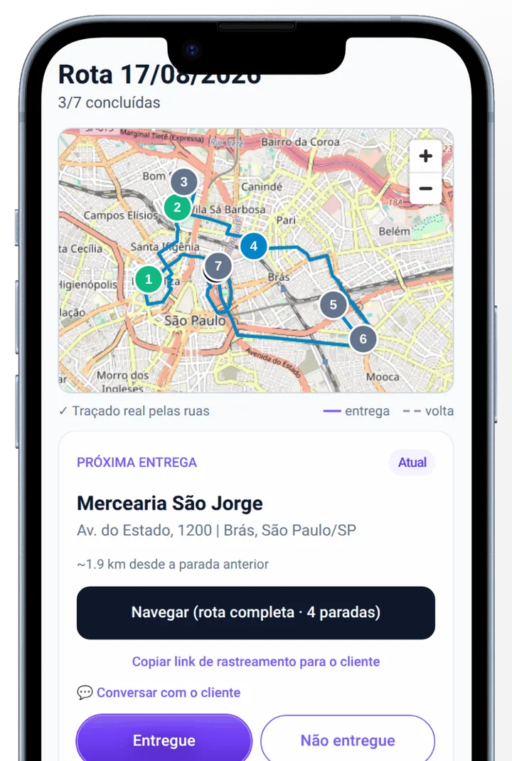 Rota em andamento no Ruveo: mapa com as paradas e a próxima entrega