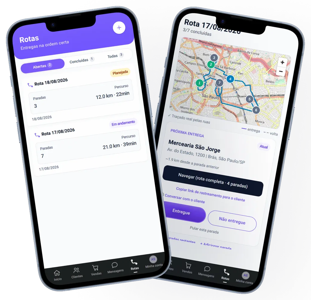 Planejamento de rotas e rota em andamento no Ruveo
